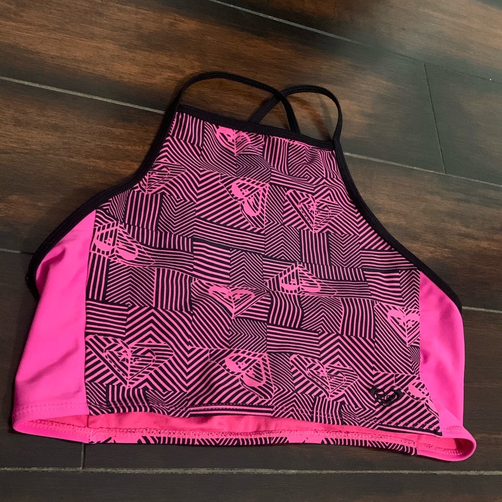 roxy girl’s pink & black criss cross swim top